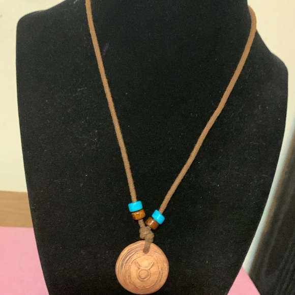 Wooden Taurus Zodiac Pendant Necklace, 16 1/2” - Picture 3 of 6
